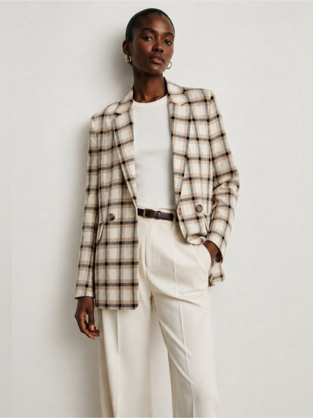 H&M Plaid Blazer Jacket | Beige & Black Check | XS